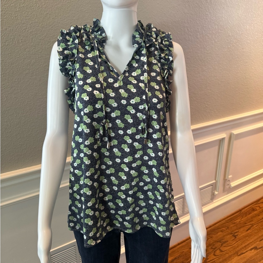Entro Black Floral Ruffle Tie-Neck Camisole with Green Accents
